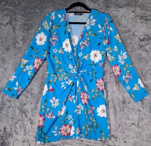 Womens Boohoo Turquoise Floral Deep V Wrap Top / Short Dress - UK Size 10 - Picture 1 of 11