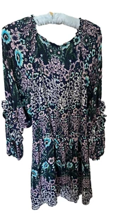 Parker Ruffled Neckline Drop Waist Dress Long Ruffled Sleeve Size L Black Floral - Picture 1 of 4