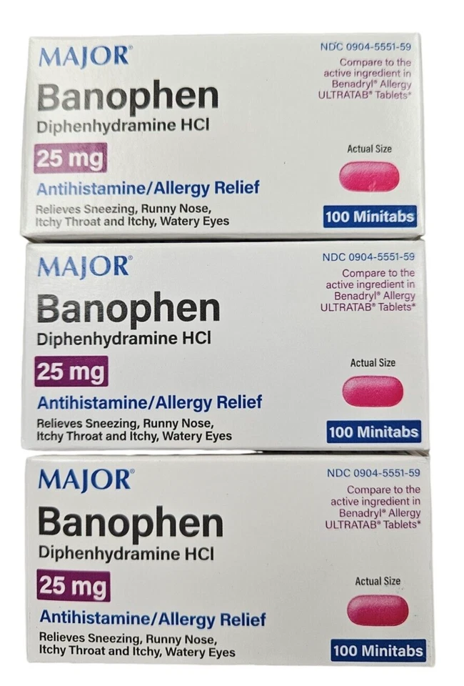 Major Banophen Diphenhydramine 25mg Minitabs 100 Count Compare to Benadryl