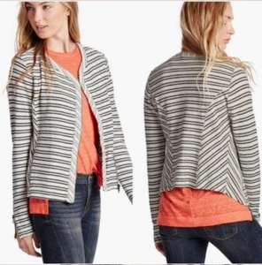 Lucky Brand Striped Moto Terry Jacket Asymetrical Zip White Blue Women's Size 3X - Picture 1 of 8