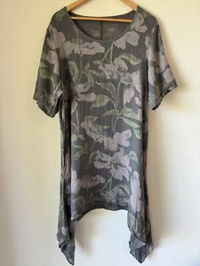 Italy 100% Linen Womens Grey Floral Asymmetrical Short Sleeve Dress Sz S/M Gc - Picture 1 of 7