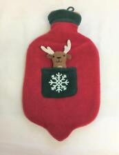 Christmas Motif Hot Water Bottle w Red Plush Cover 3D Reindeer Head in Pouch