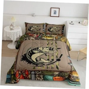 Fishing and Hunting Comforter Set Camo American Flag Fishing Bedding Set Twin - Picture 1 of 7
