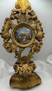 Antique Wood Baroque Painted Gold Gilt Religious Relic Holder Table Frame - Picture 1 of 8