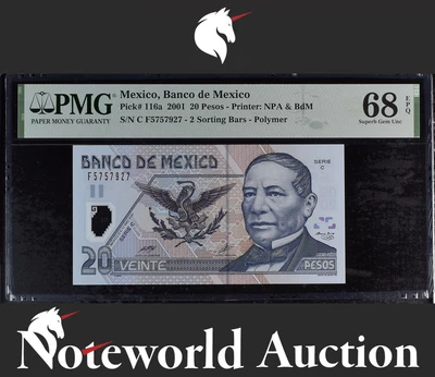 Mexico Banco de Mexico 20 Pesos 2001 P 116a Polymer UNC PMG 68 EPQ 3rd TOP POP - Image 1 of 4