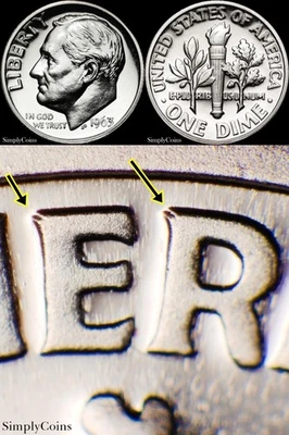 1963 DDR Roosevelt Dime Proof Uncirculated US Silver Coin DOUBLED DIE REVERSE #6 - Image 1 of 4