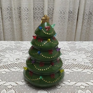 Retro Ceramic Christmas Tree Light Up 10.5" Green Glaze Multi Color Peg Lights - Picture 1 of 18