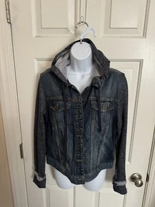 Mudd Girls Jean & Sweater Sleeve Hooded Lightweight Jean Jacket Size L Juniors - Picture 1 of 3