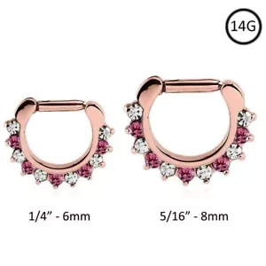 Septum Clicker Hinged Rose Gold Plated Steel Nose Ring Hoop Clear Pink CZ 14G - Picture 1 of 1