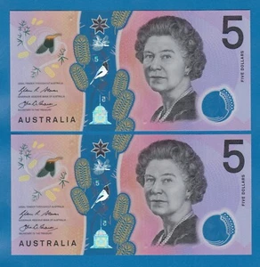 Australia 2 notes of 5 Dollars SAME SERIAL Number UNC Queen Elizabeth 2016 P 62 - Picture 1 of 2