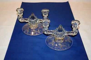 Vintage New Martinsville Etched Flower Glass Double Candlestick Holders Prelude - Picture 1 of 10