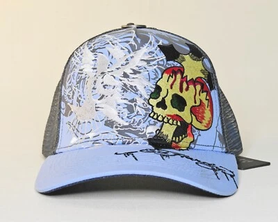 Ed Hardy Bordado Tatuaje Calavera Camionero Sombrero Azul Cielo Malla Snapback [NUEVO CON ETIQUETAS] Foto 1 de 4