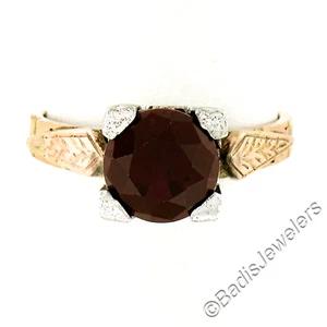 Antique 10K TT Gold 8mm Round Lab Created Ruby Solitaire w/ Engraved Sides Ring - Picture 1 of 7