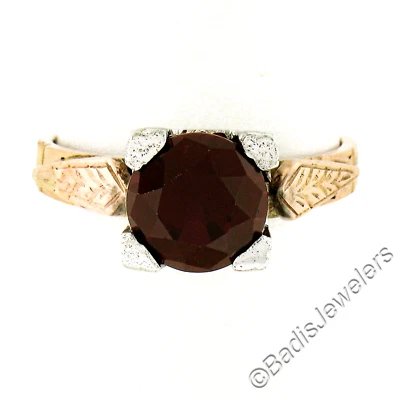 Antique 10K TT Gold 8mm Round Lab Created Ruby Solitaire w/ Engraved Sides Ring - Image 1 of 4
