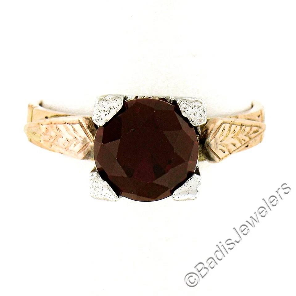 Antique 10K TT Gold 8mm Round Lab Created Ruby Solitaire w/ Engraved Sides Ring - Image 1 of 4