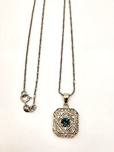 Blue & White Diamond Pendant Necklace 14k White Gold w/Card Appraisal - Picture 1 of 6