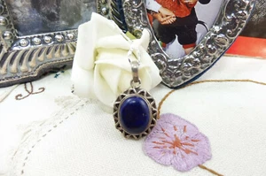 Vintage Handcrafted Sunburst Lapis Lazuli Sterling Silver Pendant Necklace - Picture 1 of 9
