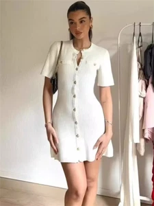 S M L Knit Mini Dress Fashion Short Sleeved Patchwork Pocket Loose Fashion Wear - Picture 1 of 11