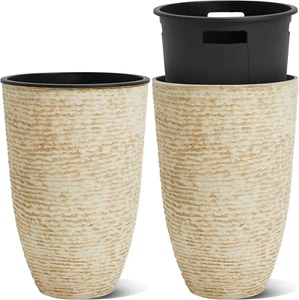Garden 2-Pack 21" H. Beige Tall Planters with inside Pots - 14'' Dia Plastic Lar - Picture 1 of 12