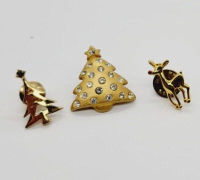 Christmas Tree Reindeer Lapel Pin Gold tone Crystal Accent 3 pc LOT Vintage  - Image 1 of 4