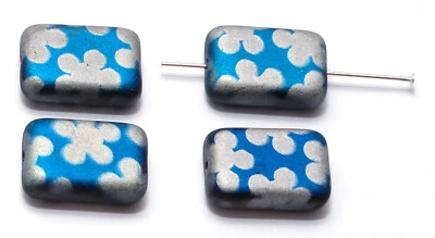 4 CZECH PRESSED GLASS RECTANGLE / LOZENGE BEADS,  FLOWERS, METALLIC BLUE, 12 MM - Image 1 of 3