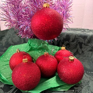 Schachtel mit 6 roten Glitzer Glamour Glitzer VITBIS Glas Ornamenten handgefertigt in Polen 3" - Bild 1 von 14