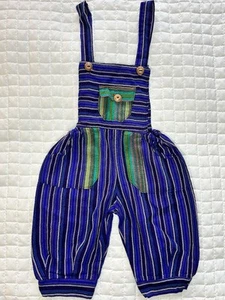 Striped Overalls Romper Bibs Pockets Lightweight Hippy Blue Green Toddler 2 VTG - Bild 1 von 10