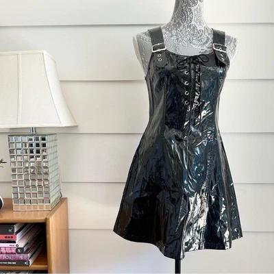 Винтажный кромки сервис черный винил Pinafore платье размер M Y2K сделано в США - Изображение 1 из 4