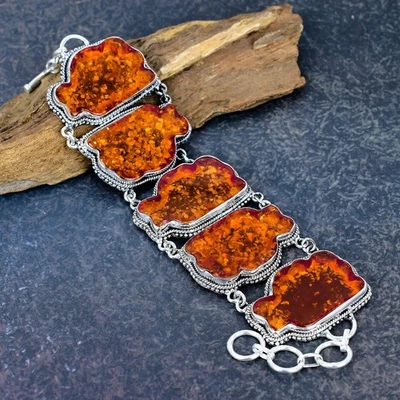 Linda pulseira de prata esterlina 925 feita à mão com pedra preciosa âmbar do Báltico - Imagem 1 de 4