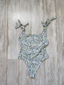 Shein White Blue Floral Bodysuit Lowback Tie Straps Sleeveless Lightweight Sz M - Picture 1 of 8