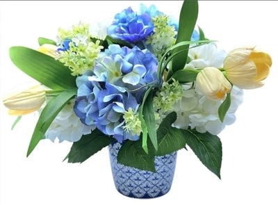 Maceta PETALS Arreglo Floral Seda Hortensia Delft Azul 14"H Foto 1 de 4
