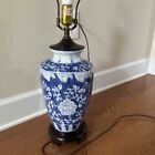 Vintage  Chinese Blue White Porcelain Jar Floral Table Lamp. Wooden Base. 27"