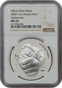 2020 S Korea OFFICIAL MINT MEDAL TAEKWONDO NGC MS70 1oz .999 Silver in Mint Slab - Picture 1 of 5