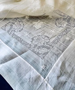 Vintage Hand Embroidered Linen Organza Tablecloth  XX735 - Picture 1 of 8