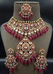 Gargantilla India Chapada en Oro Estilo Bollywood Kundan Rubí Rojo Collar Conjunto de Joyería - Imagen 1 de 9