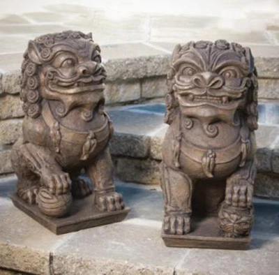 20" Large Foo Dogs Pair! - Outdoor Concrete Garden Statue Chinese Lion Zen - Image 1 of 3