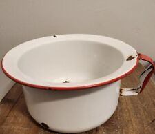 Vintage Rustic Chamber Pot, Enamelware White w/ Red Decor Farmhouse Planter 