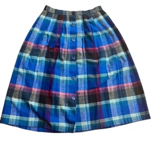 Vintage Wool Button Front Blue plaid Skirt, 28” Waist, Medium, Schoolgirl Look - Picture 1 of 4