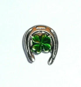 Horseshoe  4-Leaf Clover Metal Shank Button  3/8" Lucky Silver & Green Button - Picture 1 of 5