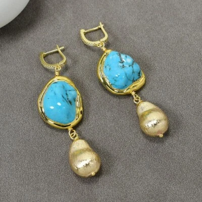 Blue Turquoise Freeform Shape Gold Plated Brushed Bead Dangle Hook Earrings - Image 1 of 4