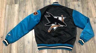 VTG 90's Starter Center Ice San Jose Sharks NHL Satin Bomber Jacket Men's M USA - Image 1 of 4