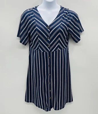 NY Collection Womens Size Large Short Sleeve Striped Button Down Dress in Blue - Image 1 of 4