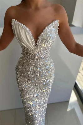 Vestidos de noiva luxuosos sereia pérola gola V lantejoulas frisadas glitter vestidos de noiva - Imagem 1 de 4
