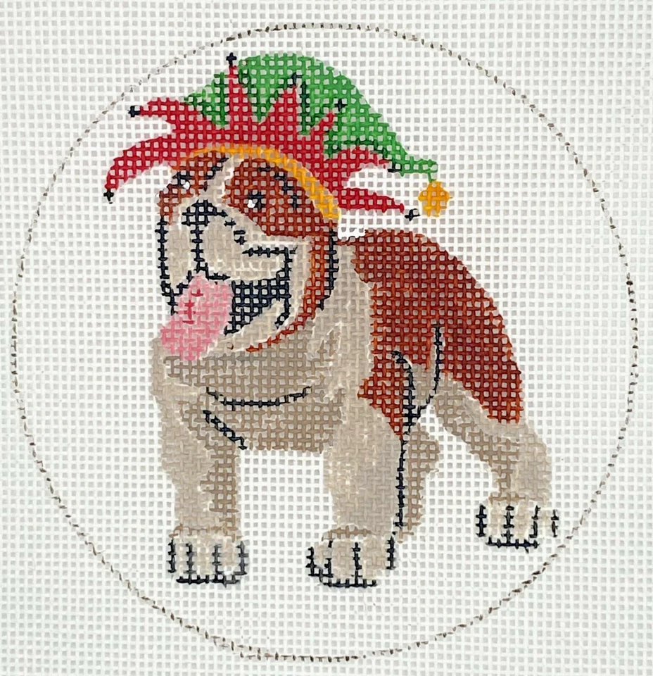 Christmas Bulldog With A Jokers Hat  * HP Needlepoint Canvas * By LLemon - Image 1 of 1