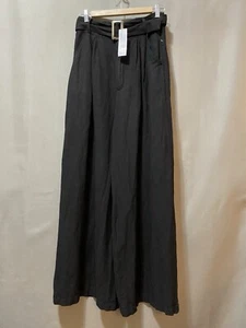 NWT YFB Women Elastic Waist Belted Hi-Rise Linen Rayon Wide Leg Pants SZ M Black - Picture 1 of 14