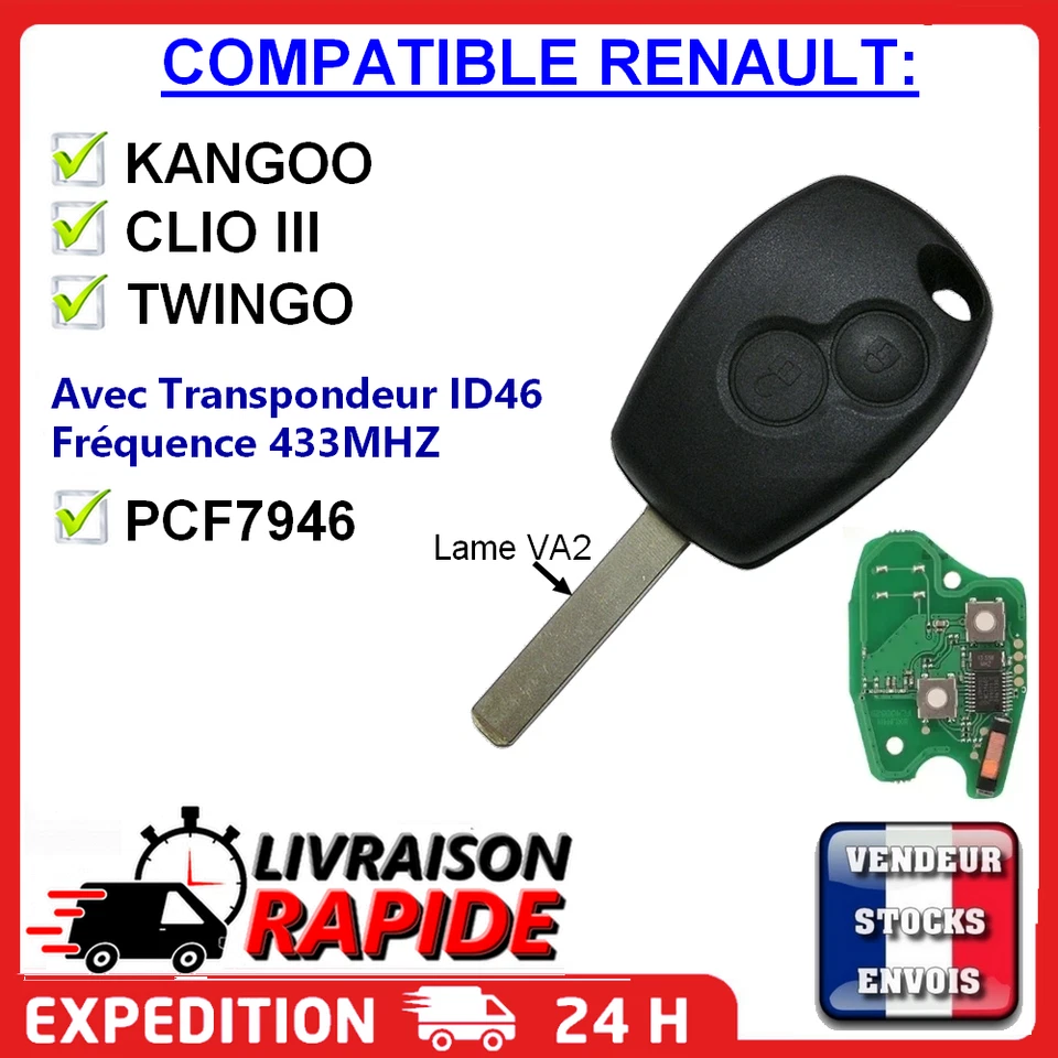 Clé Vierge VA2 avec électronique PCF7946 compatible Renault Clio 3 Twingo Kangoo