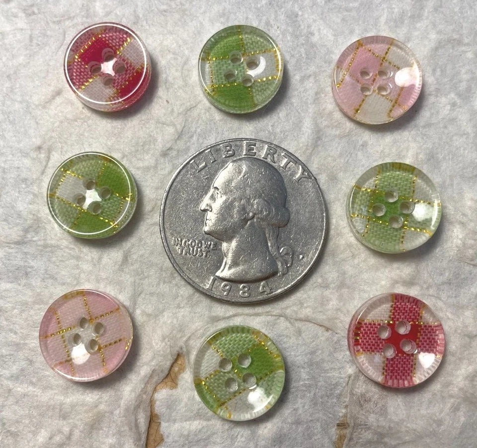 60pcs x 1/2" Plastic Gingham Buttons W/Gold Trims Round/4-Hole/Kids/Girl SB262 - Image 1 of 1