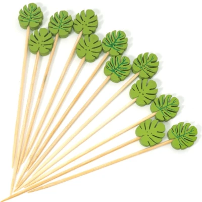 (100) 4.7" Bamboo Wooden Sticks Appetizer Cocktail Party Green Palm Leaves Tiki - Image 1 of 4