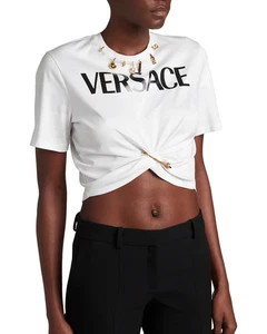 $1095 Designer VERSACE Women Embellished Short Cropped Safety Pin Tee Shirt 42 - Picture 1 of 4