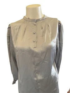 Damen Vintage Seiden Bluse Satin Metallic Silber Pussycat Hals Schleife 70er Lang Sl - Bild 1 von 5